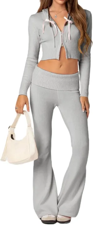 Women Knit Two Piece Set Y2k Long Sleeve Zip Up Crop Hoodie and Low Rise Flare Leggings Jogger Pants Set Loungewear