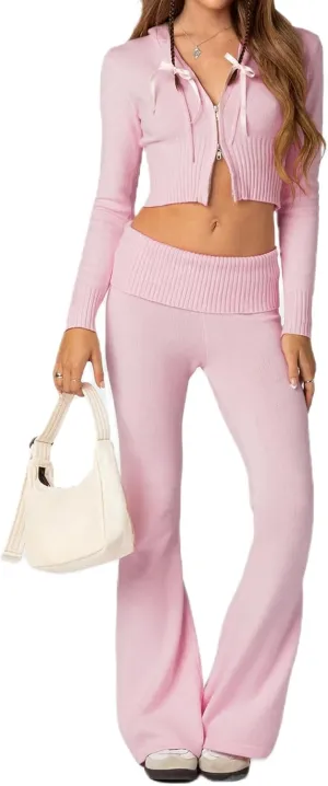 Women Knit Two Piece Set Y2k Long Sleeve Zip Up Crop Hoodie and Low Rise Flare Leggings Jogger Pants Set Loungewear