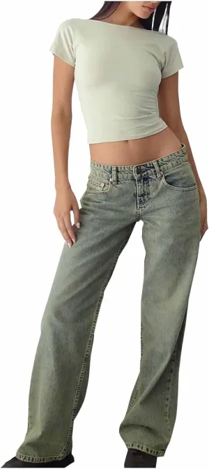 Women Y2k Low Rise Baggy Jeans Loose Fit Casual Straight Wide Leg Jeans Trendy Stretch Long Denim Pants