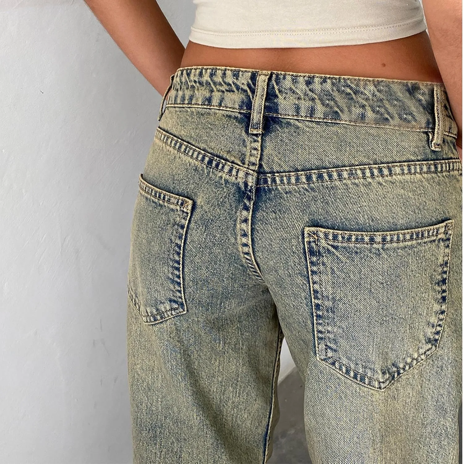 Women Y2k Low Rise Baggy Jeans Loose Fit Casual Straight Wide Leg Jeans Trendy Stretch Long Denim Pants