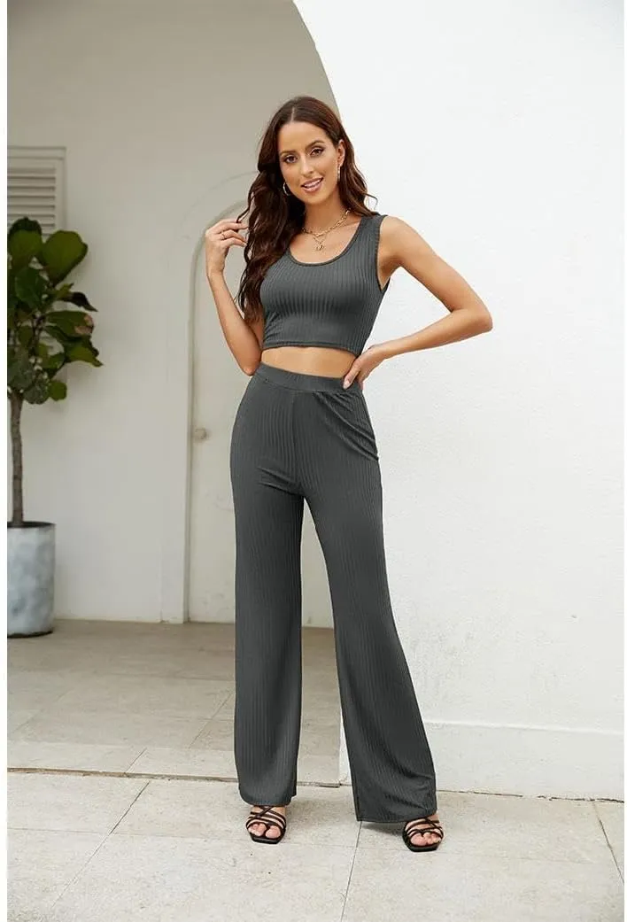 Womens 3 Piece Outfits Open Front Cardigan Cover Up Crop Tank Tops Wide Leg Palazzo Pants Loungewear Set