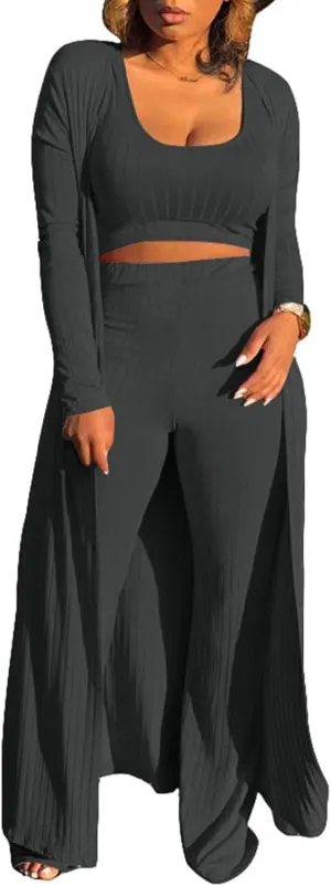 Womens 3 Piece Outfits Open Front Cardigan Cover Up Crop Tank Tops Wide Leg Palazzo Pants Loungewear Set