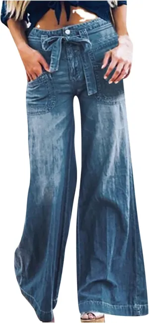 Women's Bell Bottom Jeans Stretch High Waisted Tie Strap Wide Leg Flare Denim Stylish Loose Fit Boyfriend Jeans