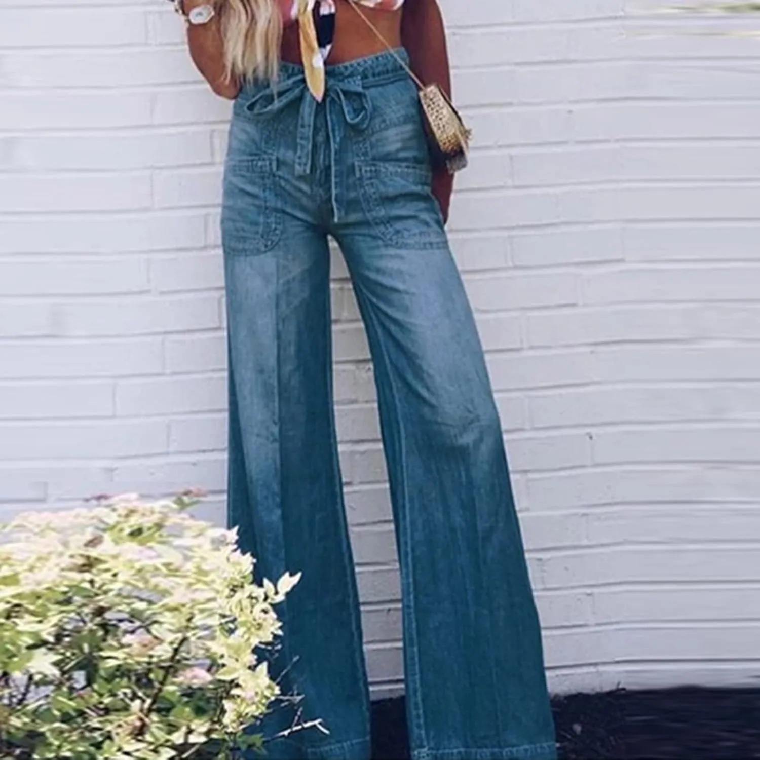 Women's Bell Bottom Jeans Stretch High Waisted Tie Strap Wide Leg Flare Denim Stylish Loose Fit Boyfriend Jeans