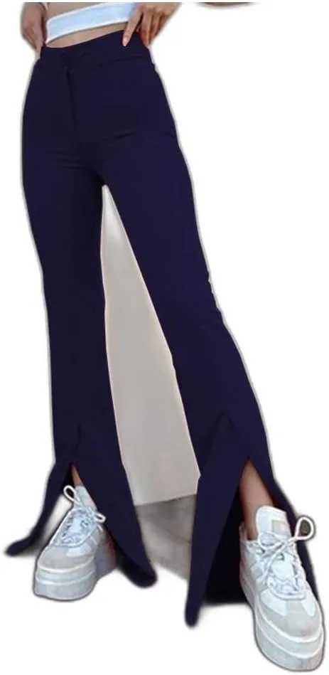 Womens Bell Bottoms Pants, Kick Pleat Temperament Split Personality Trousers, Fashion Solid Color Girls Flare Leggings