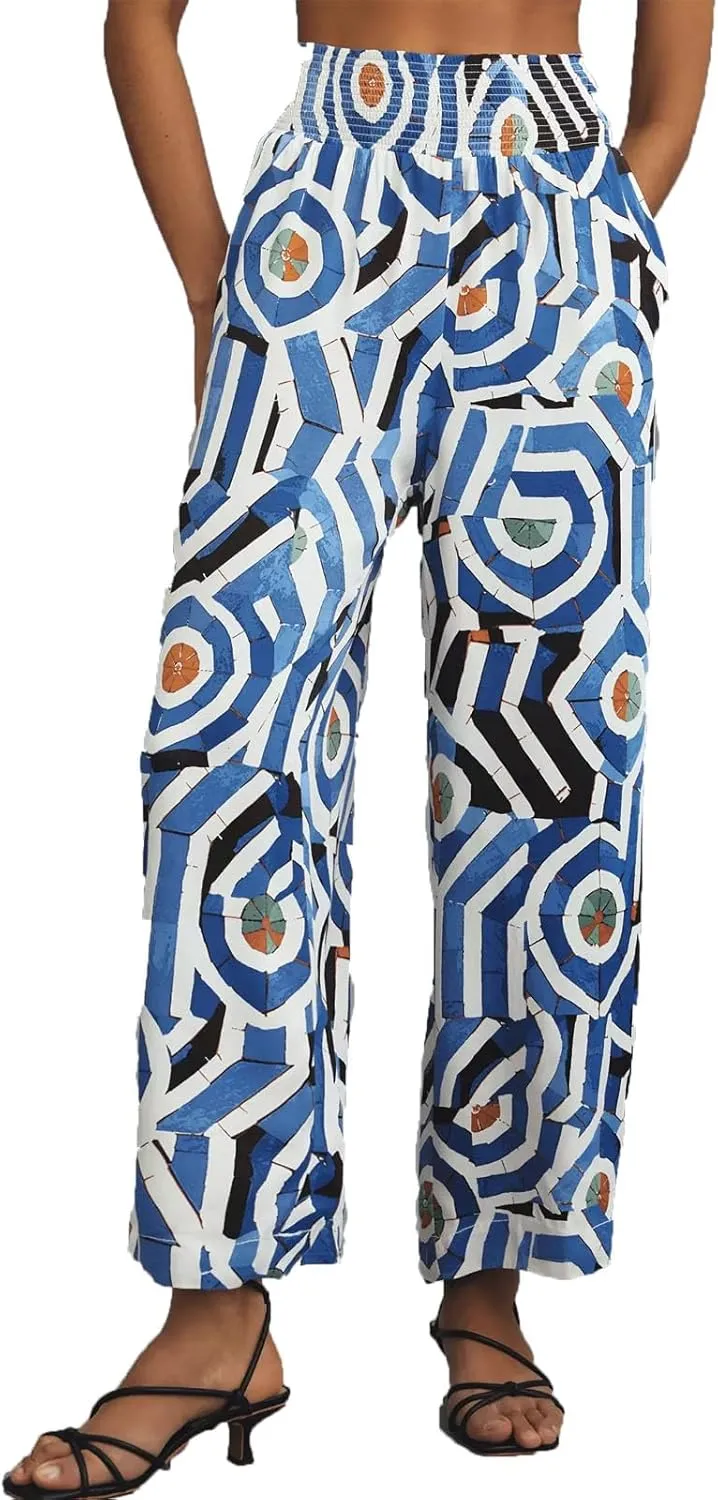 Women’s Boho Floral Elastic High Waisted Slip Palazzo Pants Straight Wide Leg Loose Lounge Trousers with Pocket
