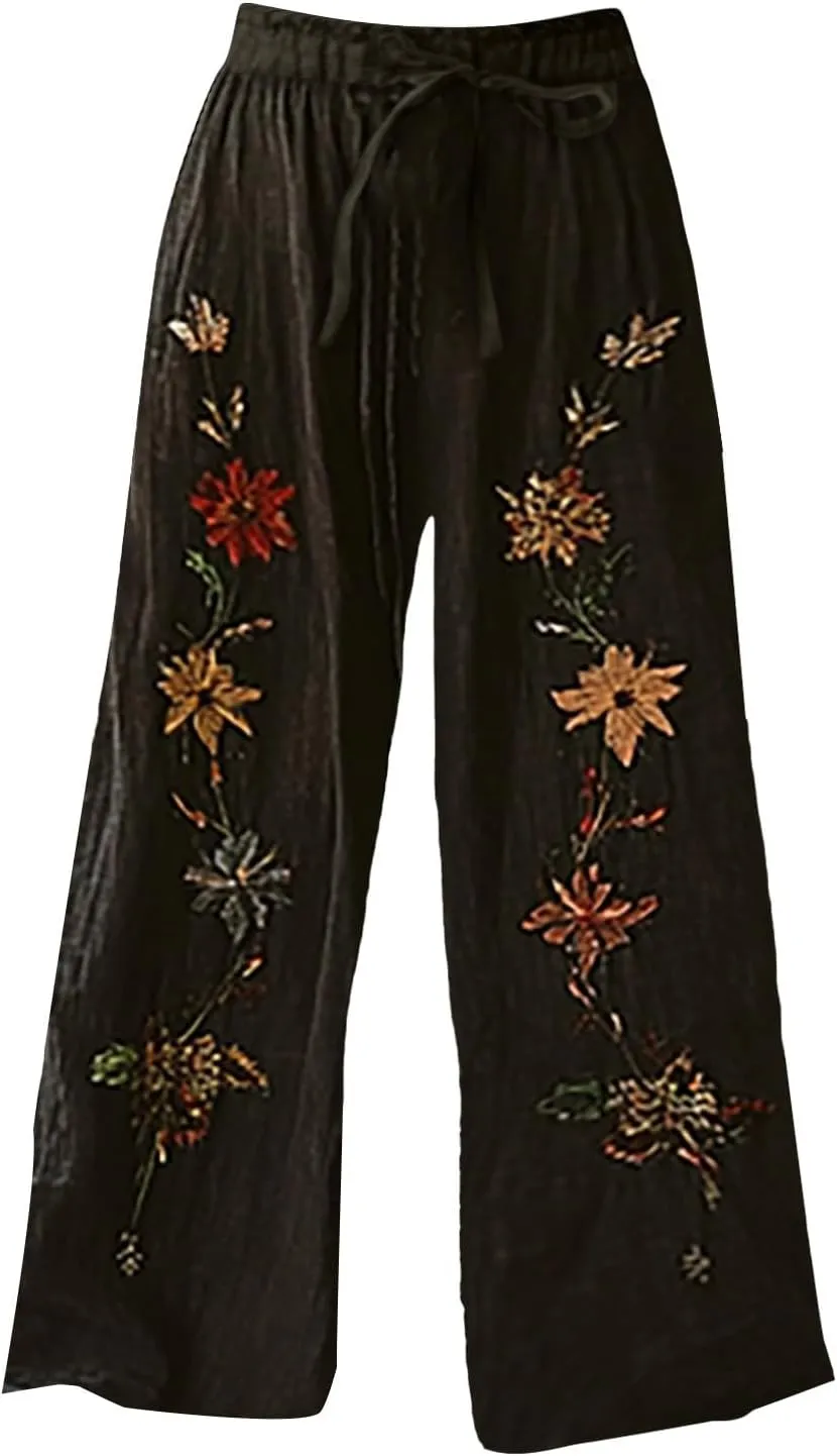 Women's Boho Wide Leg Palazzo Pants Womens Cotton Linen Vintage Art Printed Casual Loose Pant Comfy Workout Trousers