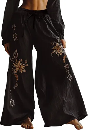 Women's Boho Wide Leg Palazzo Pants Womens Cotton Linen Vintage Art Printed Casual Loose Pant Comfy Workout Trousers