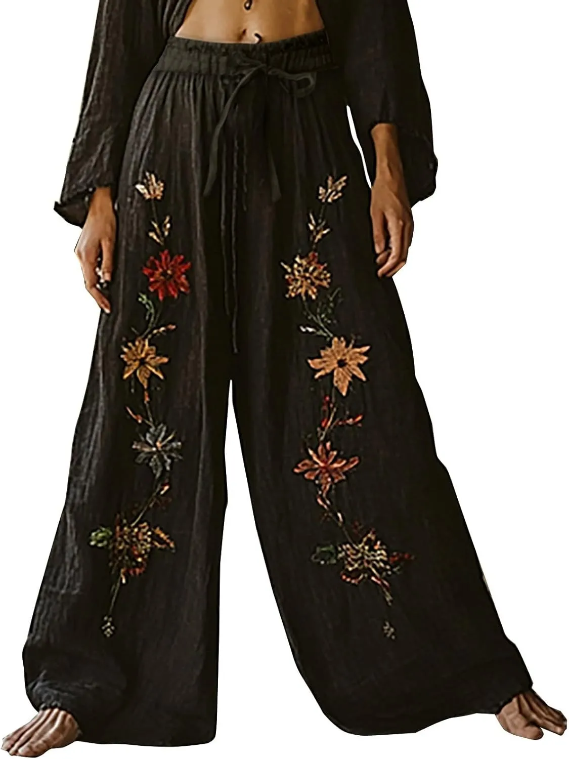 Women's Boho Wide Leg Palazzo Pants Womens Cotton Linen Vintage Art Printed Casual Loose Pant Comfy Workout Trousers