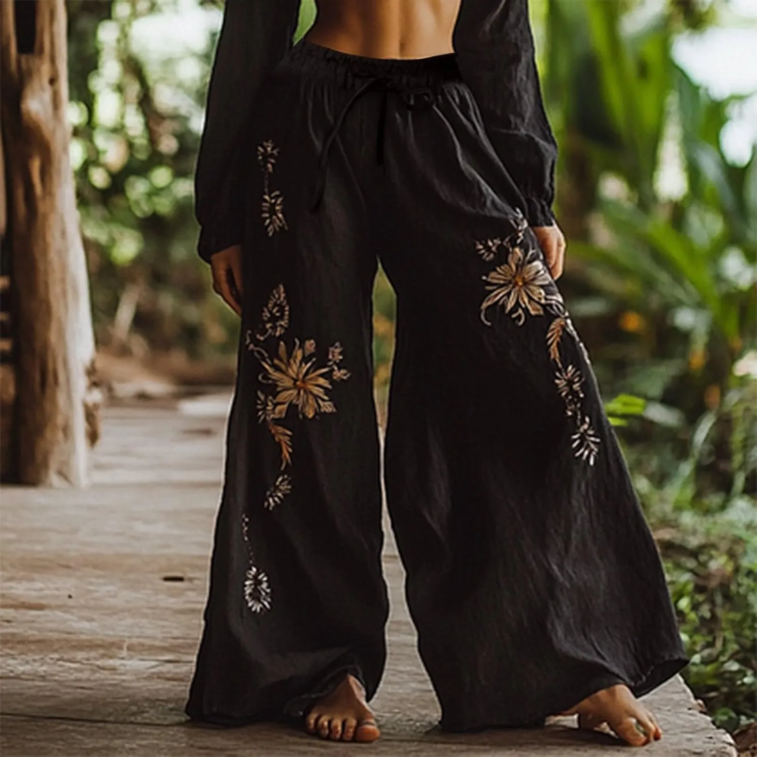 Women's Boho Wide Leg Palazzo Pants Womens Cotton Linen Vintage Art Printed Casual Loose Pant Comfy Workout Trousers