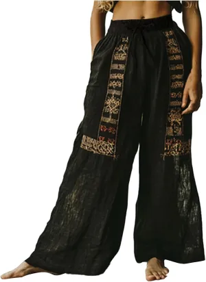 Women's Boho Wide Leg Palazzo Pants Womens Cotton Linen Vintage Art Printed Casual Loose Pant Comfy Workout Trousers