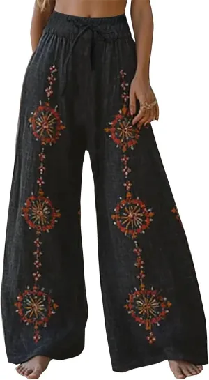 Women's Boho Wide Leg Palazzo Pants Womens Cotton Linen Vintage Art Printed Casual Loose Pant Comfy Workout Trousers
