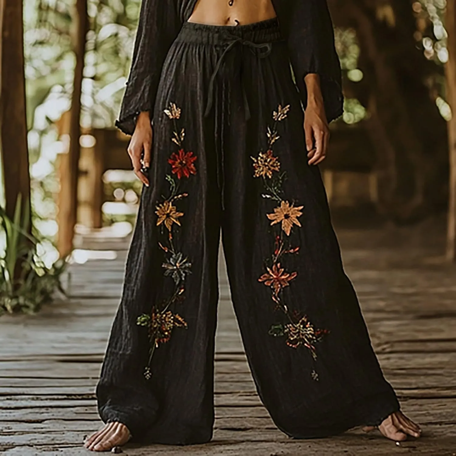 Women's Boho Wide Leg Palazzo Pants Womens Cotton Linen Vintage Art Printed Casual Loose Pant Comfy Workout Trousers