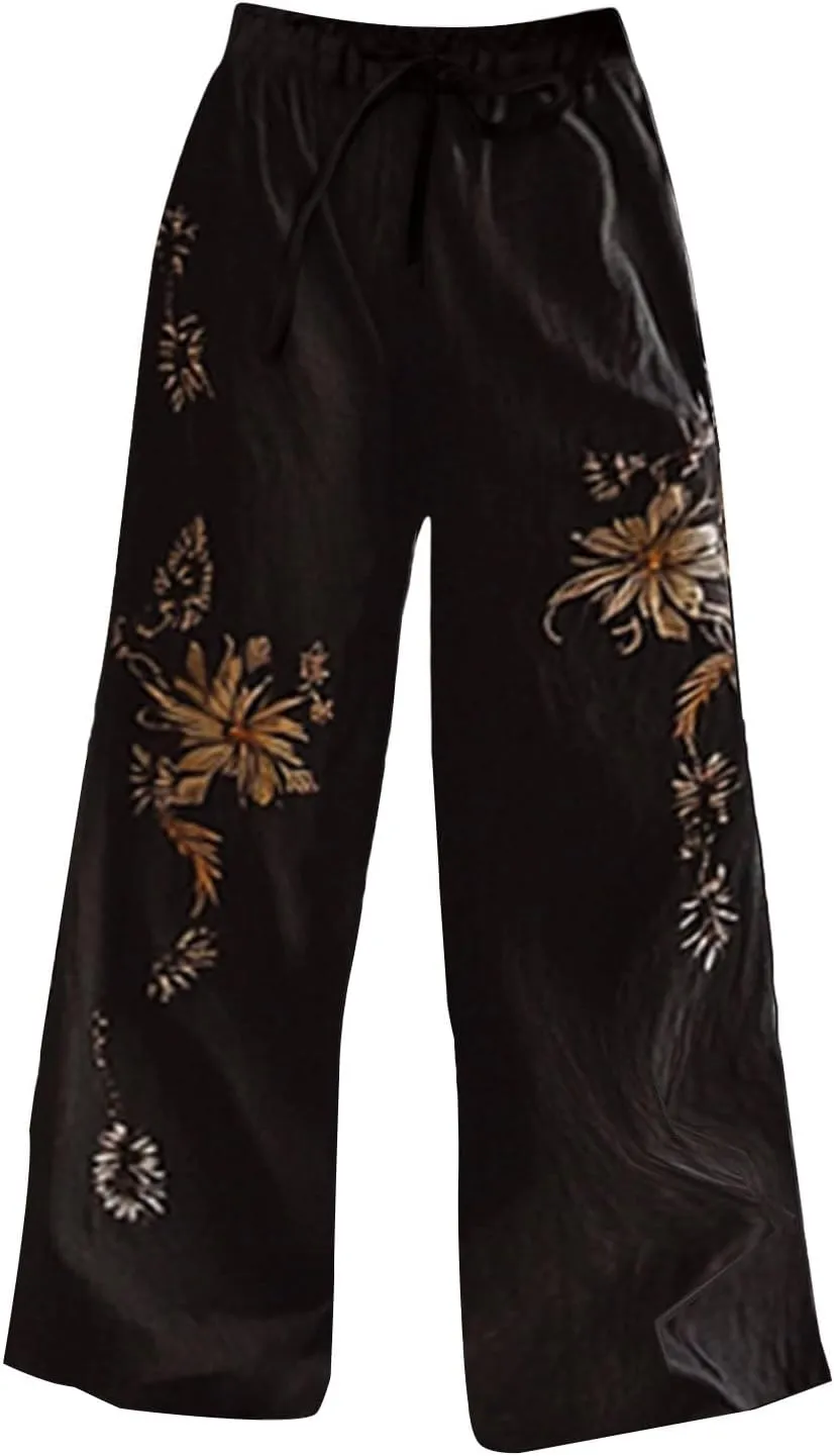 Women's Boho Wide Leg Palazzo Pants Womens Cotton Linen Vintage Art Printed Casual Loose Pant Comfy Workout Trousers