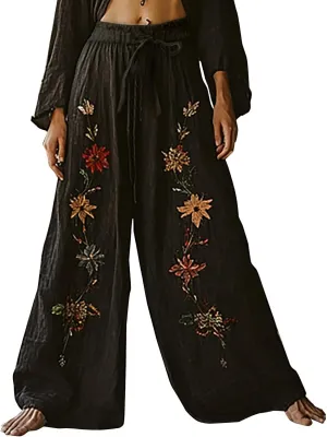 Women's Boho Wide Leg Palazzo Pants Womens Cotton Linen Vintage Art Printed Casual Loose Pant Comfy Workout Trousers
