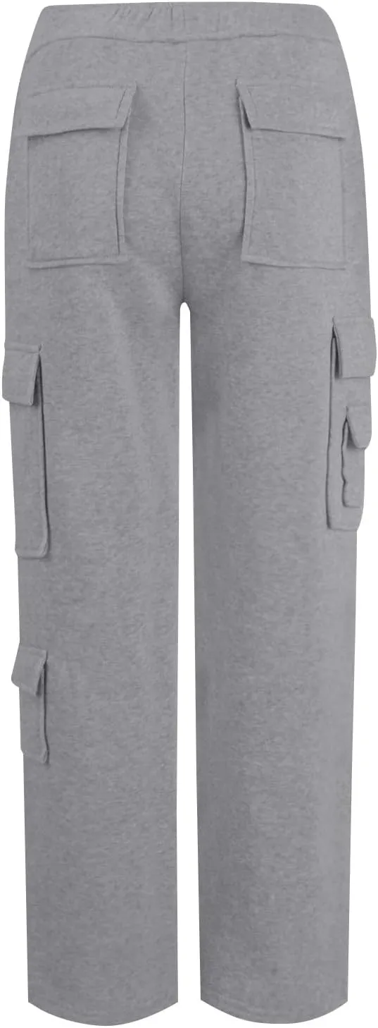 Womens Cargo Sweatpants Casual Fleece Lounge Pants with Pockets Comfy Elastic High Waisted Wide Leg Pants