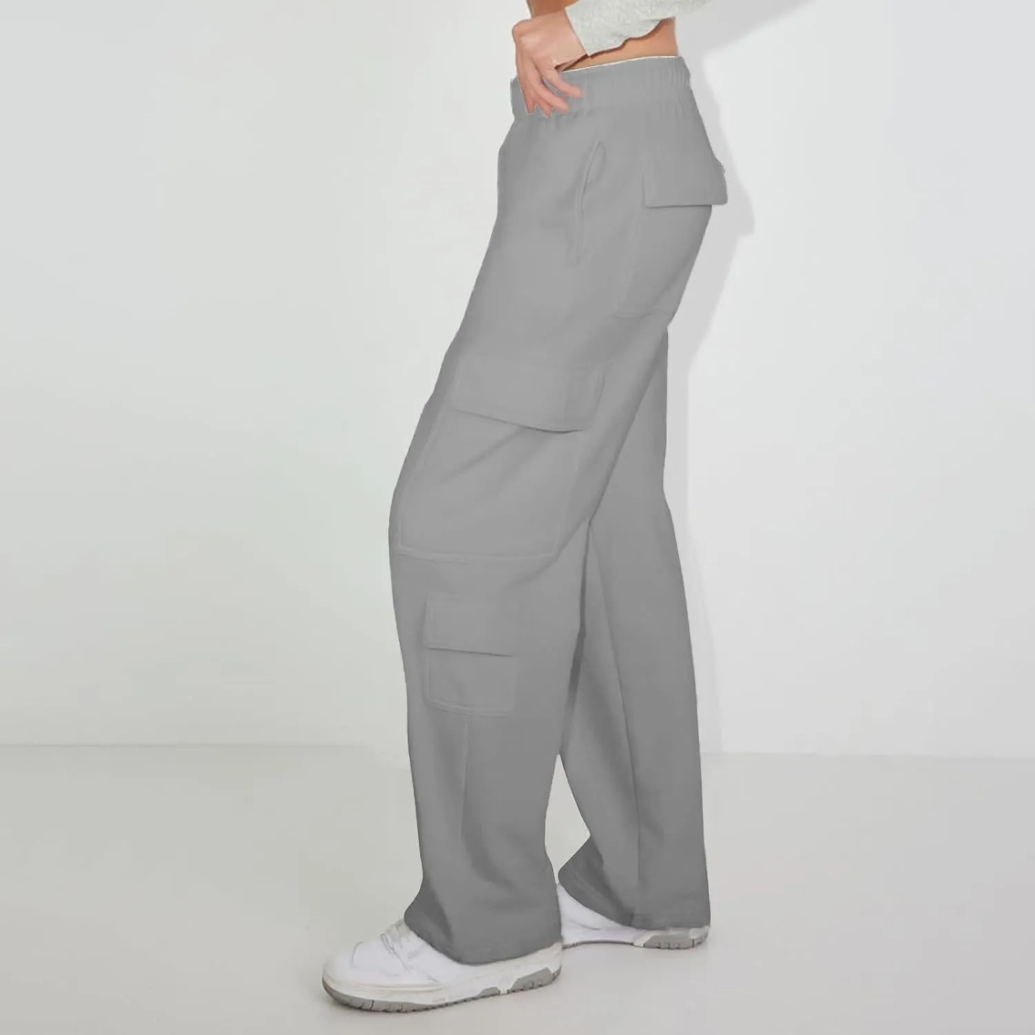 Womens Cargo Sweatpants Casual Fleece Lounge Pants with Pockets Comfy Elastic High Waisted Wide Leg Pants