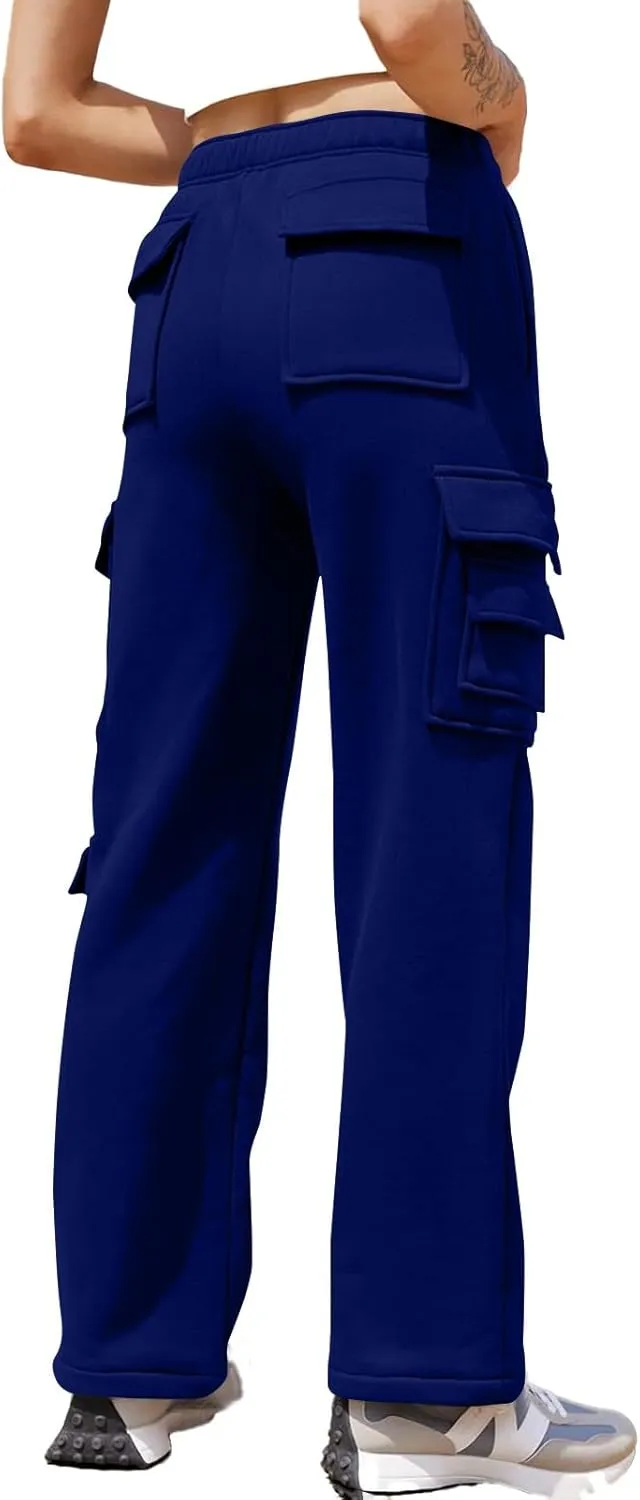 Womens Cargo Sweatpants Casual Fleece Lounge Pants with Pockets Comfy Elastic High Waisted Wide Leg Pants