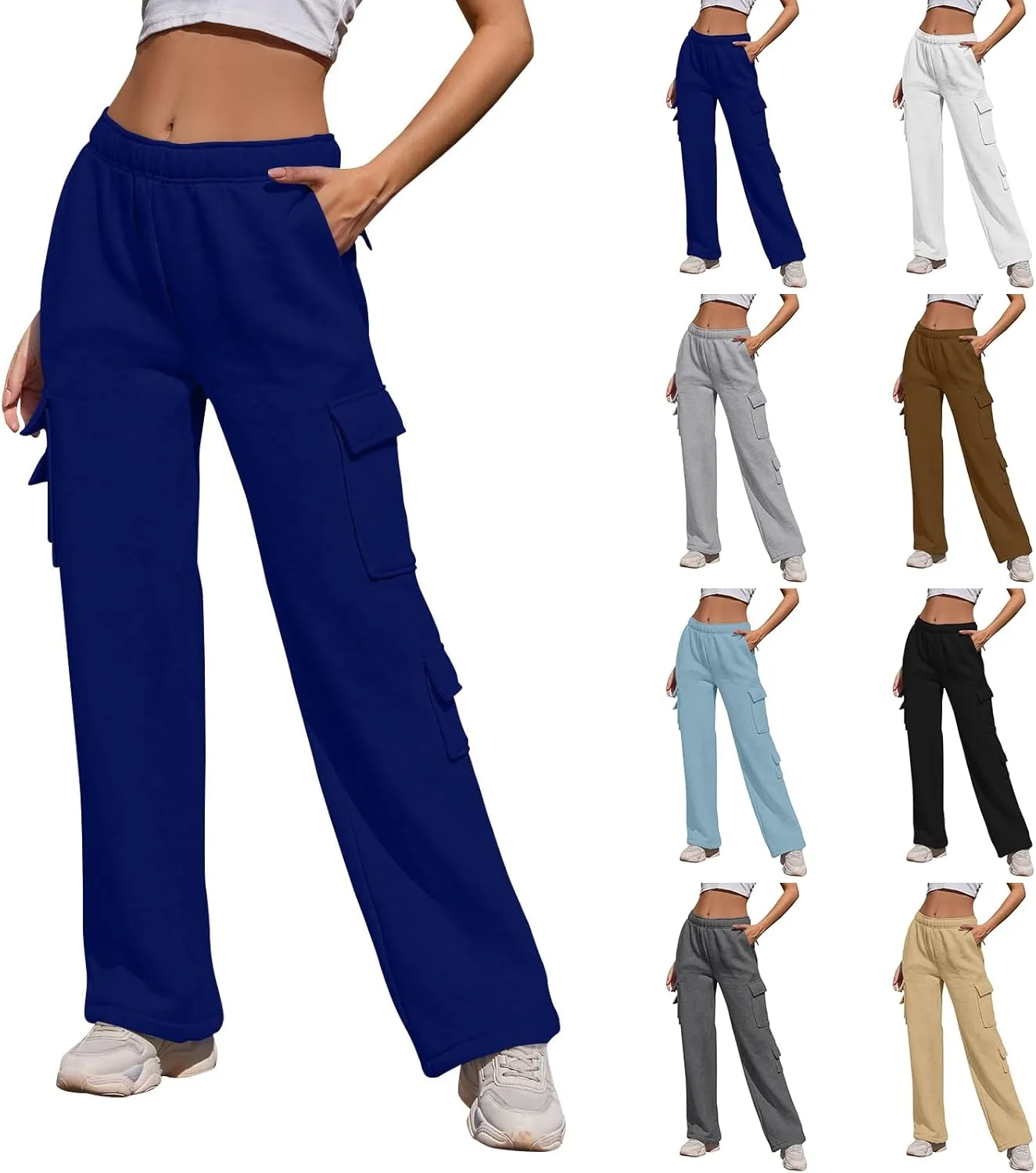 Womens Cargo Sweatpants Casual Fleece Lounge Pants with Pockets Comfy Elastic High Waisted Wide Leg Pants