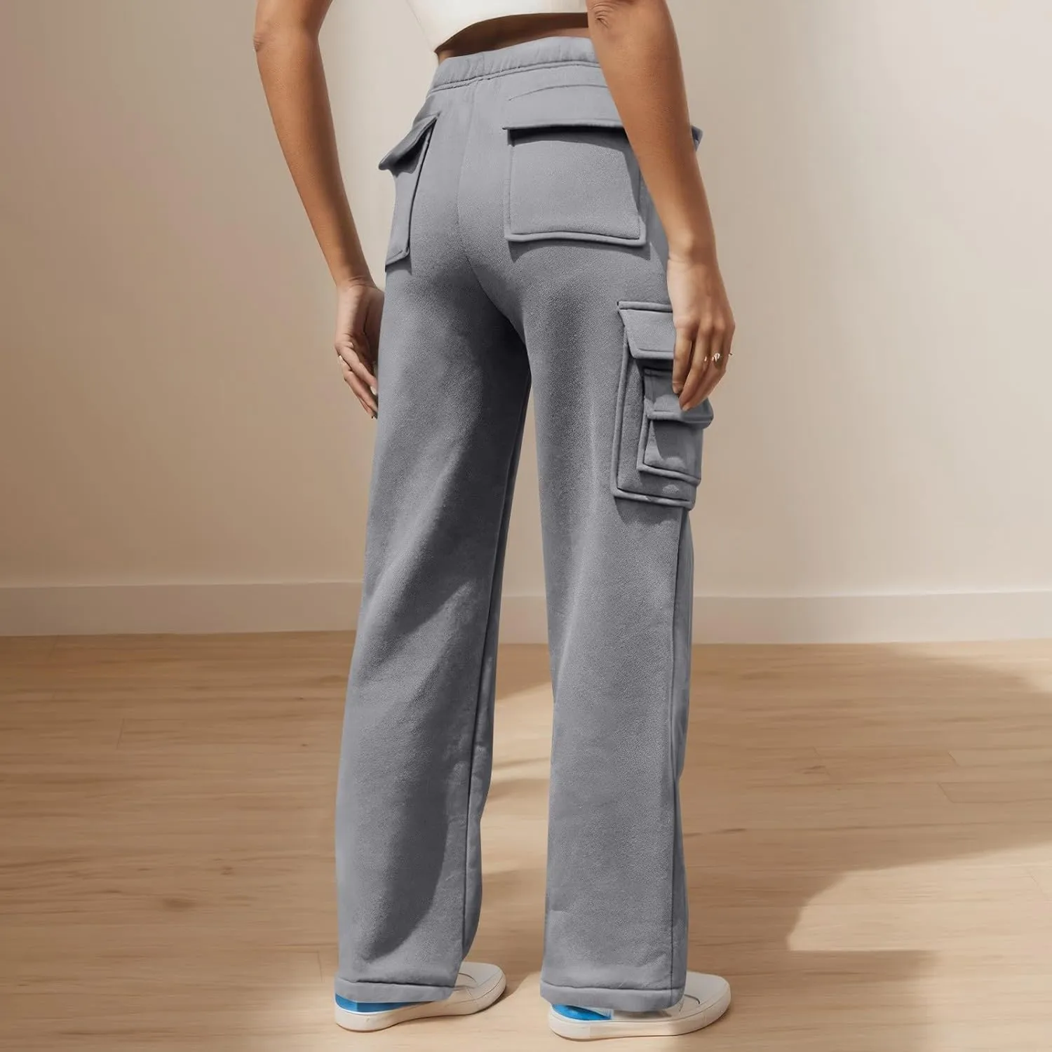 Womens Cargo Sweatpants Casual Fleece Lounge Pants with Pockets Comfy Elastic High Waisted Wide Leg Pants