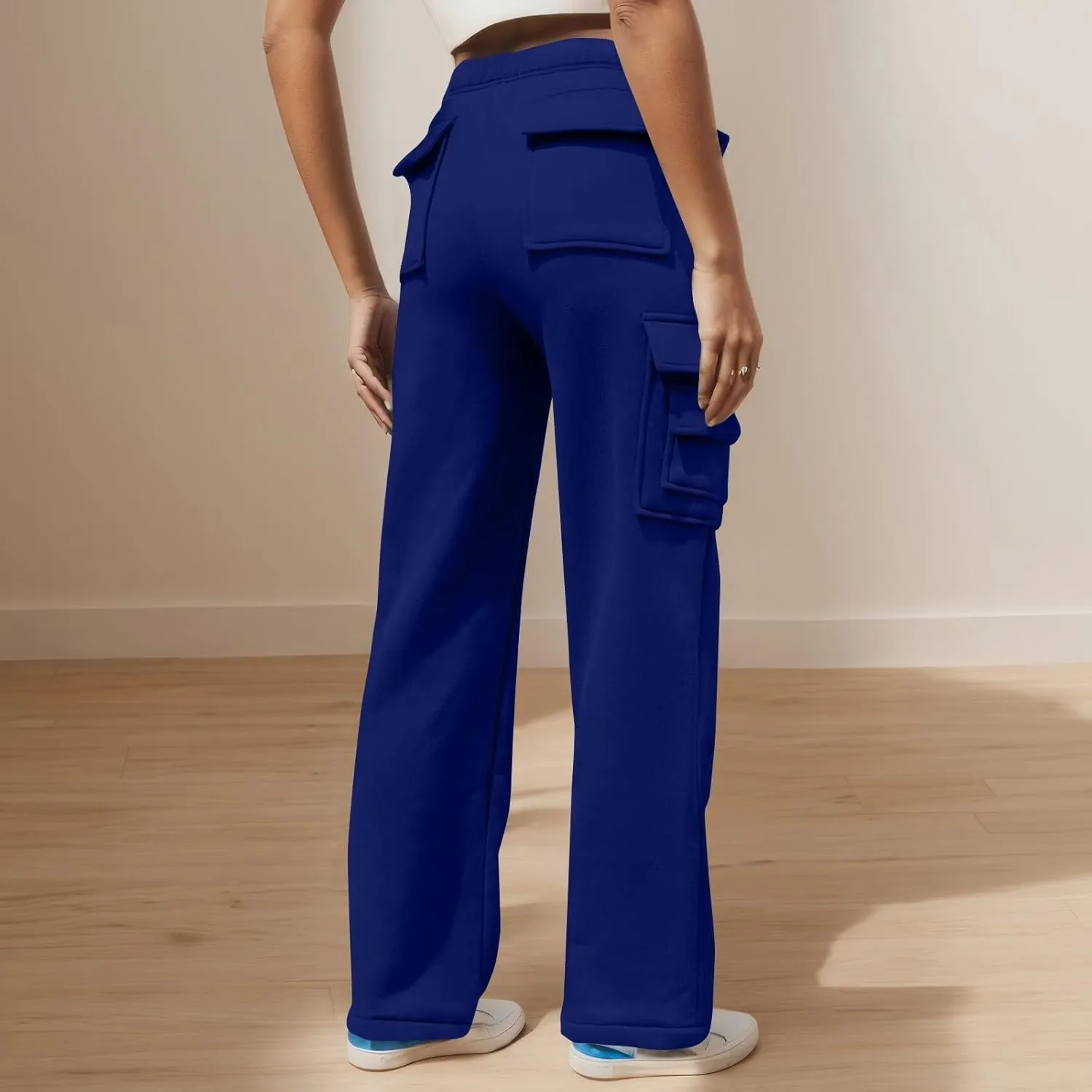 Womens Cargo Sweatpants Casual Fleece Lounge Pants with Pockets Comfy Elastic High Waisted Wide Leg Pants