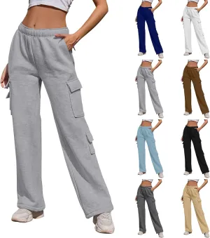 Womens Cargo Sweatpants Casual Fleece Lounge Pants with Pockets Comfy Elastic High Waisted Wide Leg Pants