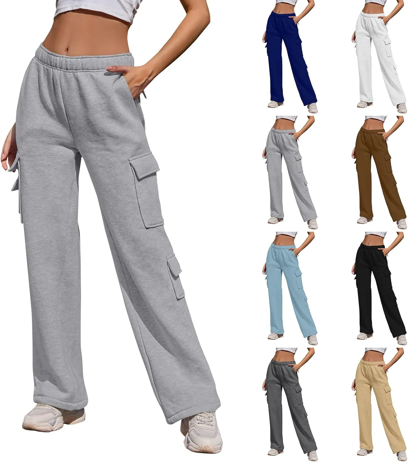 Womens Cargo Sweatpants Casual Fleece Lounge Pants with Pockets Comfy Elastic High Waisted Wide Leg Pants
