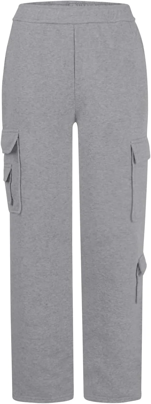 Womens Cargo Sweatpants Casual Fleece Lounge Pants with Pockets Comfy Elastic High Waisted Wide Leg Pants
