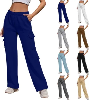 Womens Cargo Sweatpants Casual Fleece Lounge Pants with Pockets Comfy Elastic High Waisted Wide Leg Pants