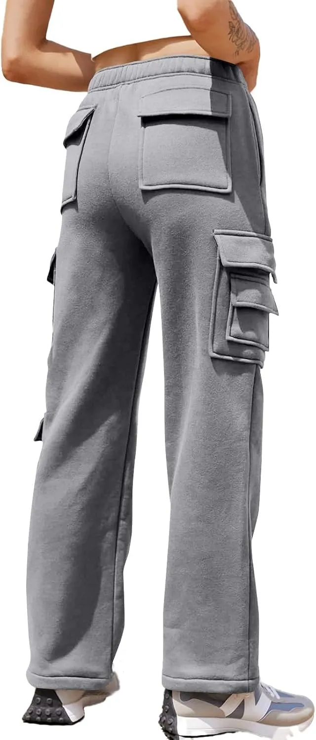Womens Cargo Sweatpants Casual Fleece Lounge Pants with Pockets Comfy Elastic High Waisted Wide Leg Pants