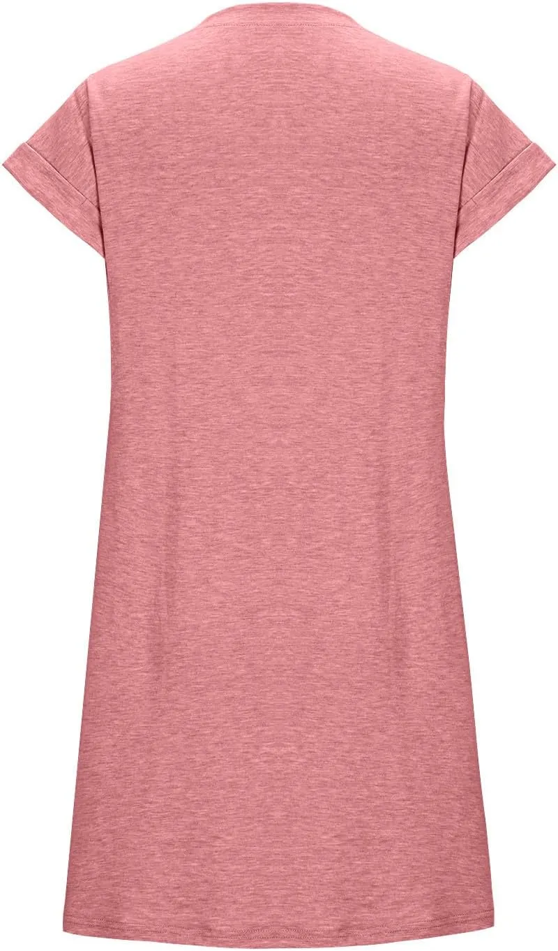 Womens Casual Comfy T Shirt Dress Summer Cuffed Short Sleeve Crewneck Mini Dresses Solid Loungewear Tunic Dress