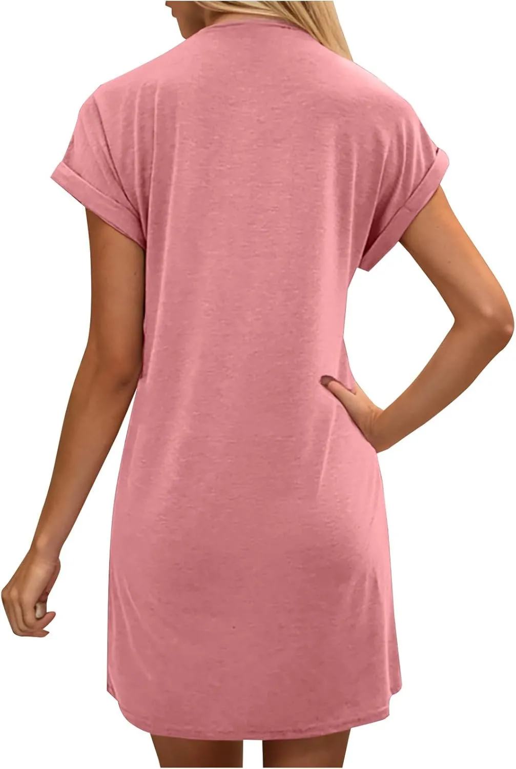 Womens Casual Comfy T Shirt Dress Summer Cuffed Short Sleeve Crewneck Mini Dresses Solid Loungewear Tunic Dress
