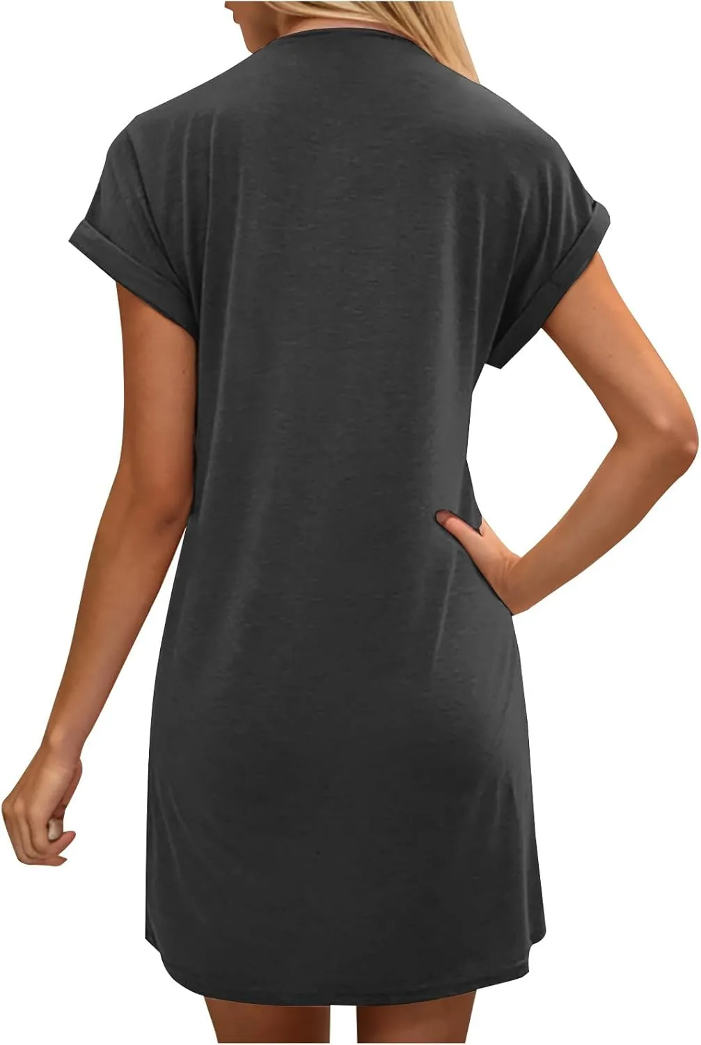 Womens Casual Comfy T Shirt Dress Summer Cuffed Short Sleeve Crewneck Mini Dresses Solid Loungewear Tunic Dress