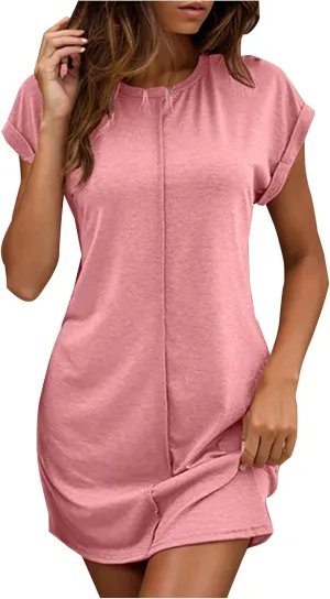 Womens Casual Comfy T Shirt Dress Summer Cuffed Short Sleeve Crewneck Mini Dresses Solid Loungewear Tunic Dress