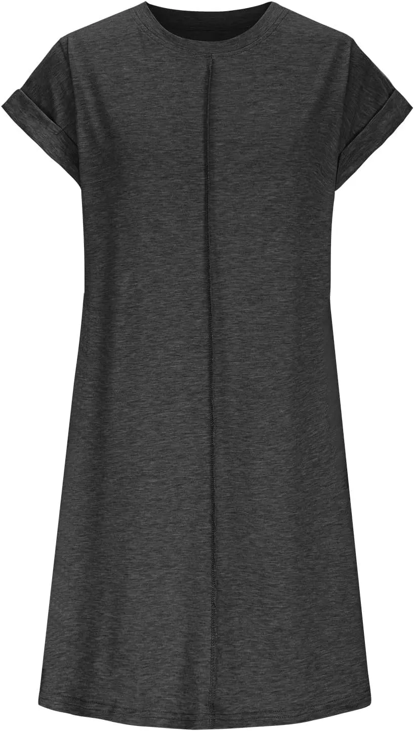 Womens Casual Comfy T Shirt Dress Summer Cuffed Short Sleeve Crewneck Mini Dresses Solid Loungewear Tunic Dress