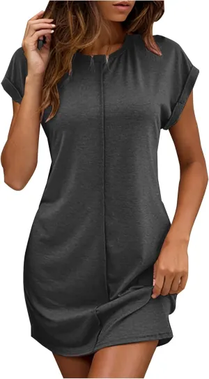 Womens Casual Comfy T Shirt Dress Summer Cuffed Short Sleeve Crewneck Mini Dresses Solid Loungewear Tunic Dress