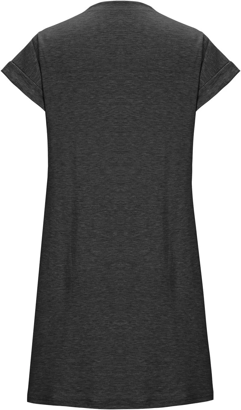 Womens Casual Comfy T Shirt Dress Summer Cuffed Short Sleeve Crewneck Mini Dresses Solid Loungewear Tunic Dress