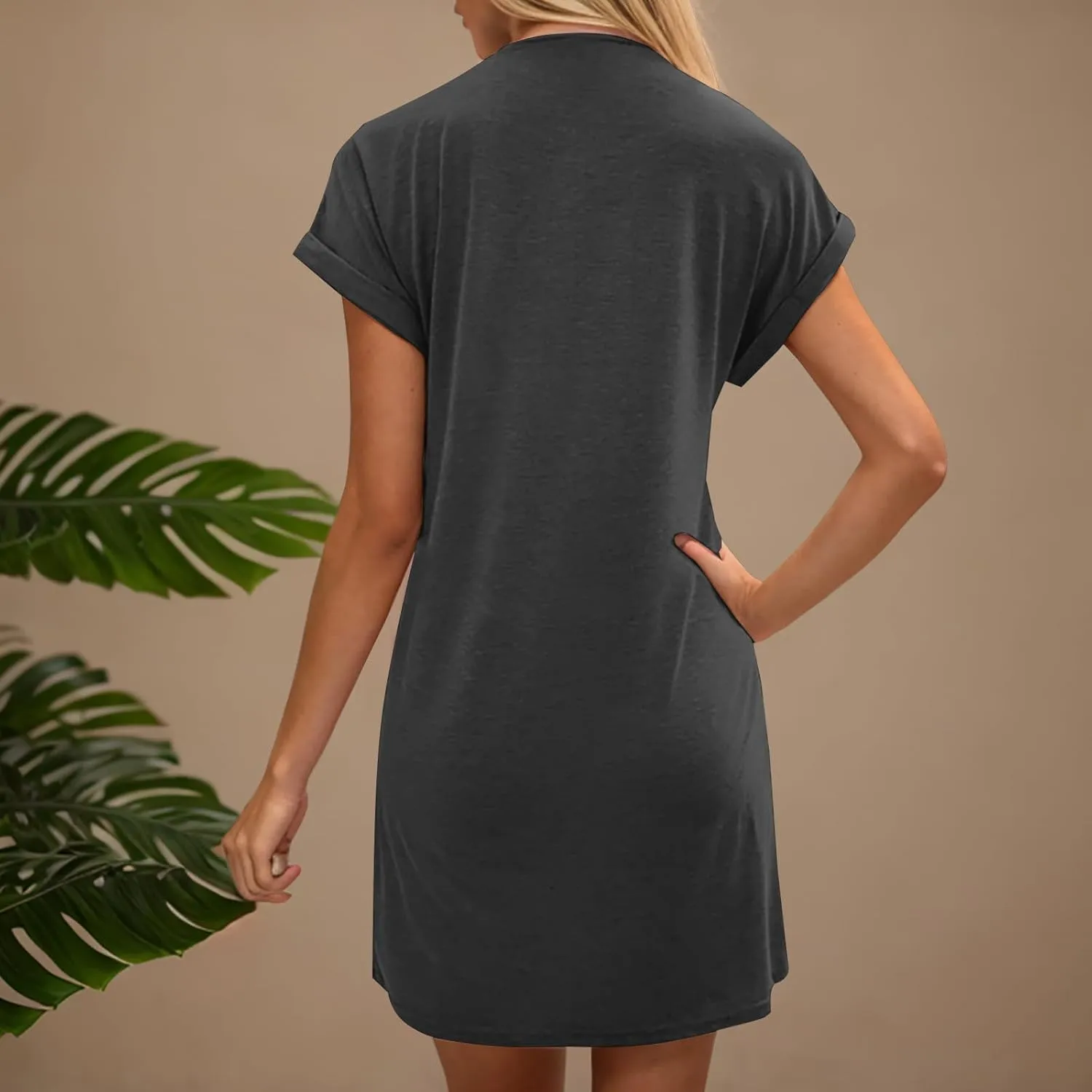 Womens Casual Comfy T Shirt Dress Summer Cuffed Short Sleeve Crewneck Mini Dresses Solid Loungewear Tunic Dress