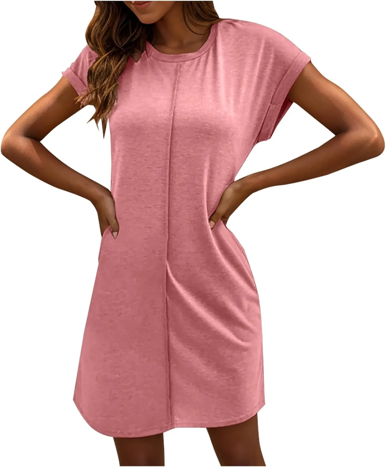 Womens Casual Comfy T Shirt Dress Summer Cuffed Short Sleeve Crewneck Mini Dresses Solid Loungewear Tunic Dress