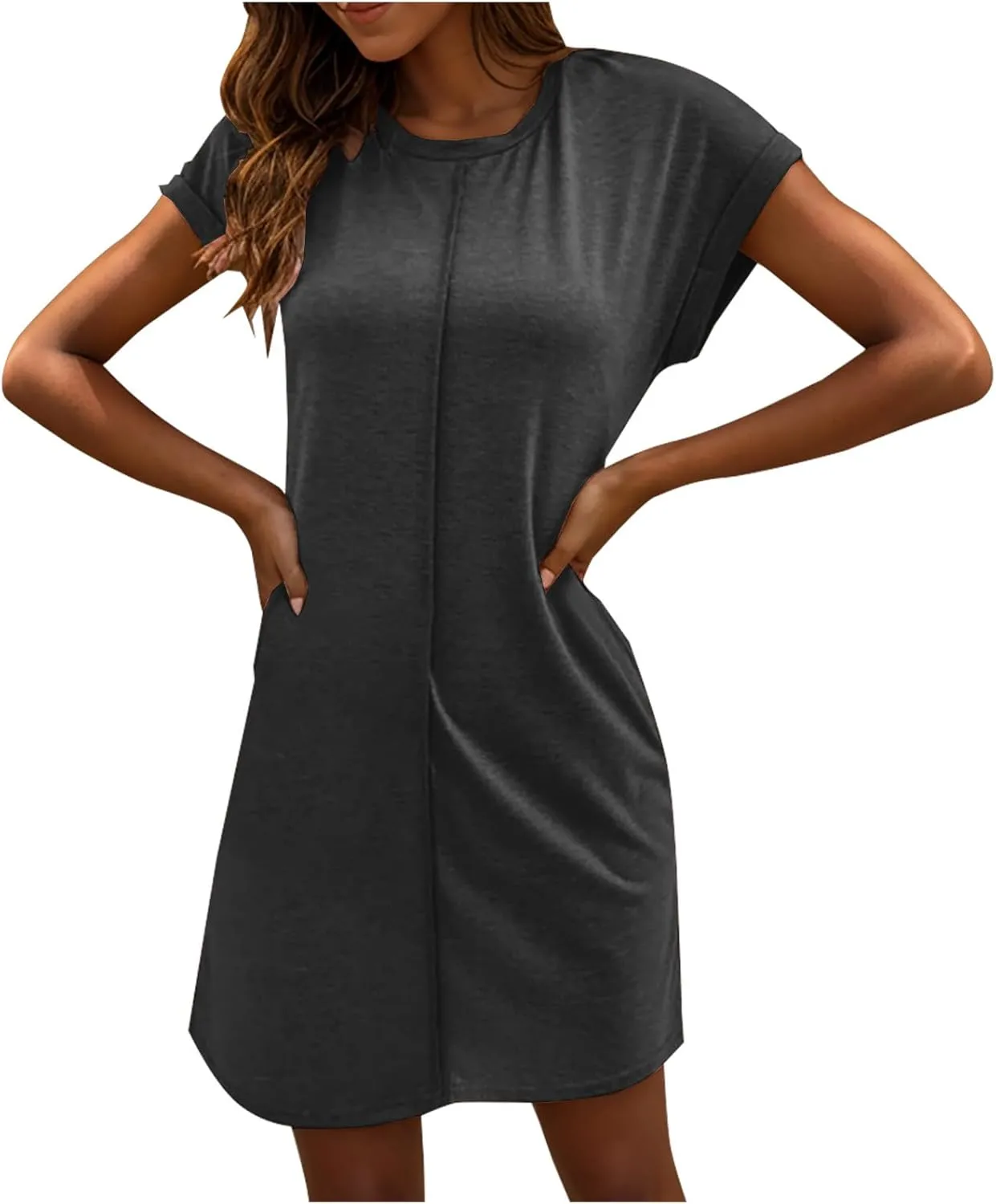 Womens Casual Comfy T Shirt Dress Summer Cuffed Short Sleeve Crewneck Mini Dresses Solid Loungewear Tunic Dress