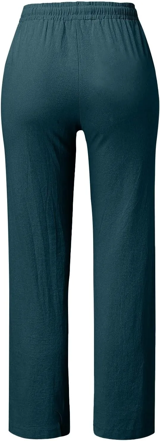 Womens Casual Linen High Waist Pants Drawstring Loose Fit Summer Pants Trousers with Side Pockets