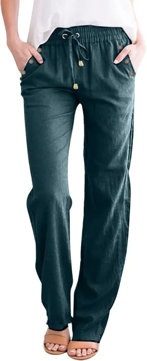 Womens Casual Linen High Waist Pants Drawstring Loose Fit Summer Pants Trousers with Side Pockets