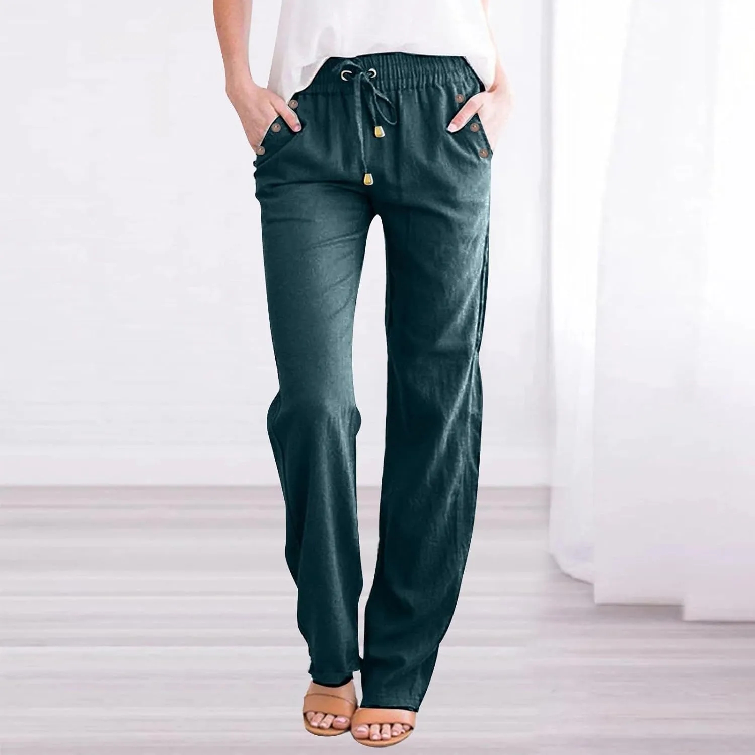 Womens Casual Linen High Waist Pants Drawstring Loose Fit Summer Pants Trousers with Side Pockets