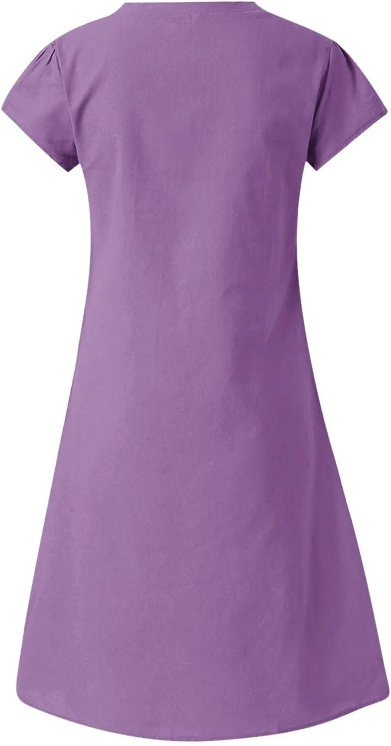 Womens Cotton Linen Midi Dress Short Sleeve V-Neck Summer T-Shirt Dresses Solid Loungewear Comfort Flowy Beach Dress