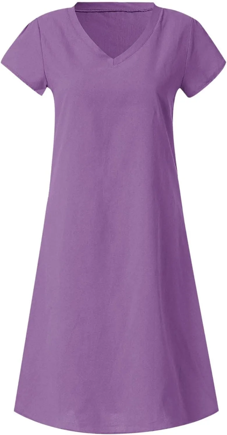 Womens Cotton Linen Midi Dress Short Sleeve V-Neck Summer T-Shirt Dresses Solid Loungewear Comfort Flowy Beach Dress