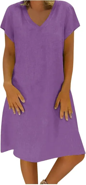 Womens Cotton Linen Midi Dress Short Sleeve V-Neck Summer T-Shirt Dresses Solid Loungewear Comfort Flowy Beach Dress