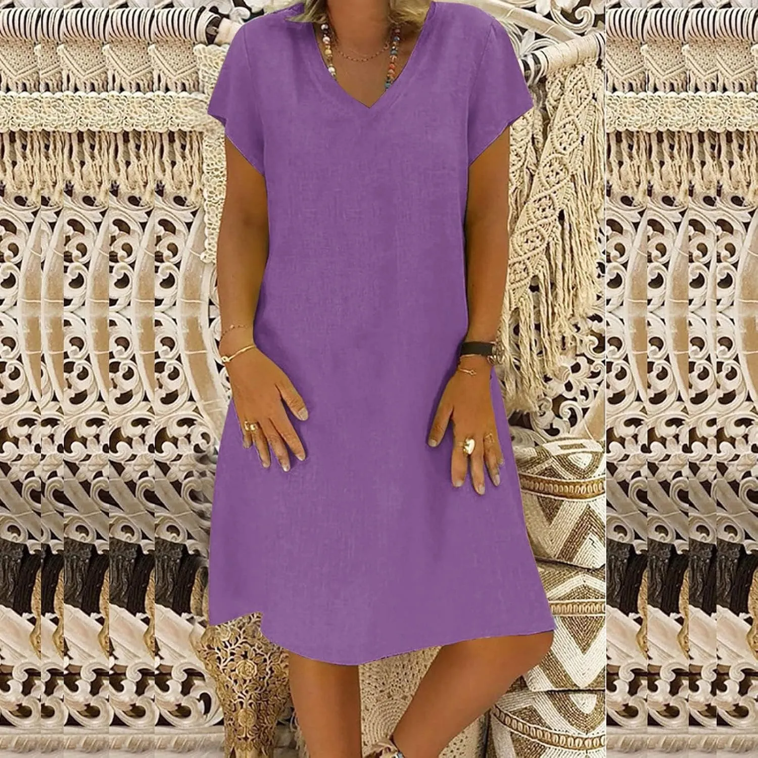 Womens Cotton Linen Midi Dress Short Sleeve V-Neck Summer T-Shirt Dresses Solid Loungewear Comfort Flowy Beach Dress