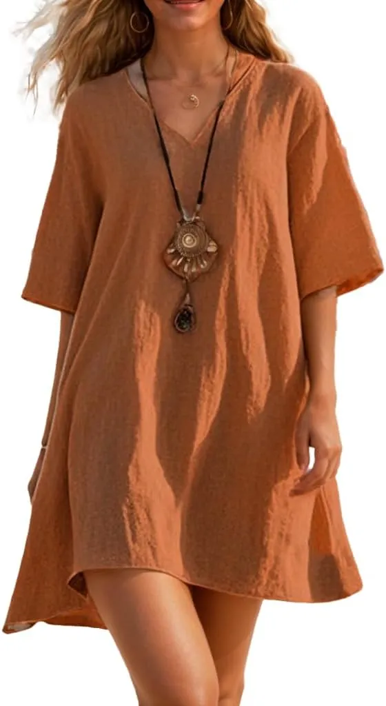 Women's Cotton Linen Short Dresses Summer V Neck Short Sleeve A Line Solid Casual Loose Beach Sundress T Shirt Dress