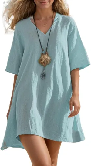 Women's Cotton Linen Short Dresses Summer V Neck Short Sleeve A Line Solid Casual Loose Beach Sundress T Shirt Dress