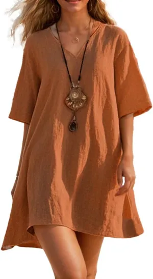 Women's Cotton Linen Short Dresses Summer V Neck Short Sleeve A Line Solid Casual Loose Beach Sundress T Shirt Dress